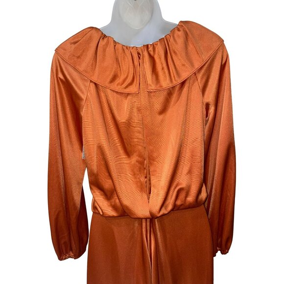 Vintage Handmade Gladys Burnt Orange Long Dress With Ruffle Collar & Elastic Cuf - Picture 5 of 8